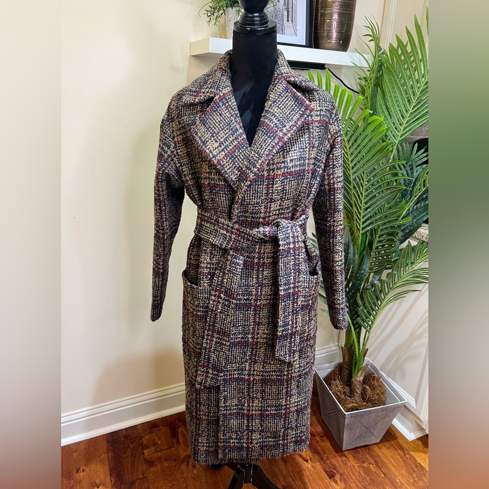 Express Plaid Wrap Oversized Tan Navy Red Trench Coat w/ Removable Belt XS - Picture 2 of 10